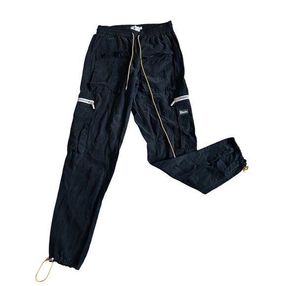 Rhude Black Cargo Track Pants W/ Yellow Drawstring & Zippered Pockets - Picture 1 of 13